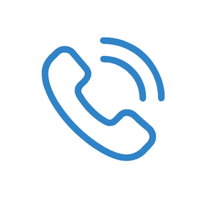 Blue icon of a phone receiver with sound waves, representing contact and support