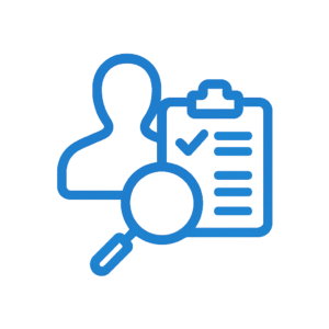 Blue icon showing a person, clipboard, and magnifying glass, representing pool robot assessment