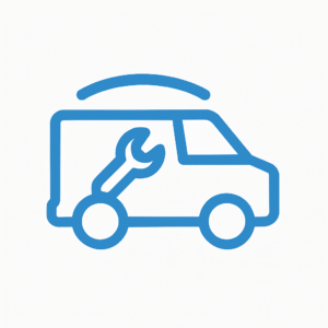 Blue van icon with wrench symbol representing mobile pool equipment services