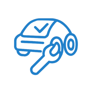 Blue icon showing a pool robot with a wrench, symbolizing repair and testing service